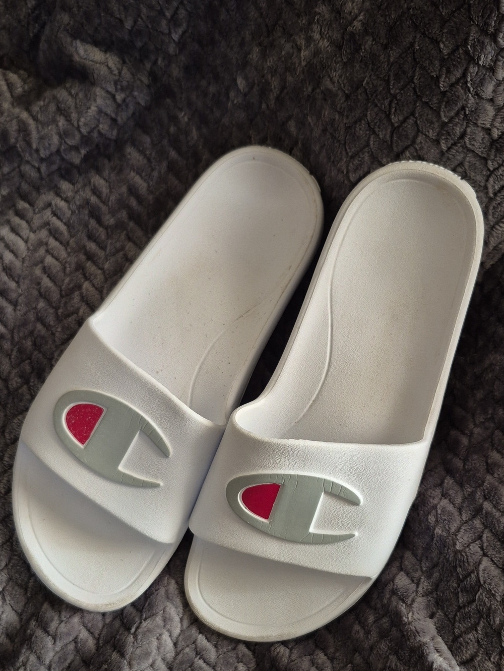 Champion White Slide Sandals with Red Logo Accent